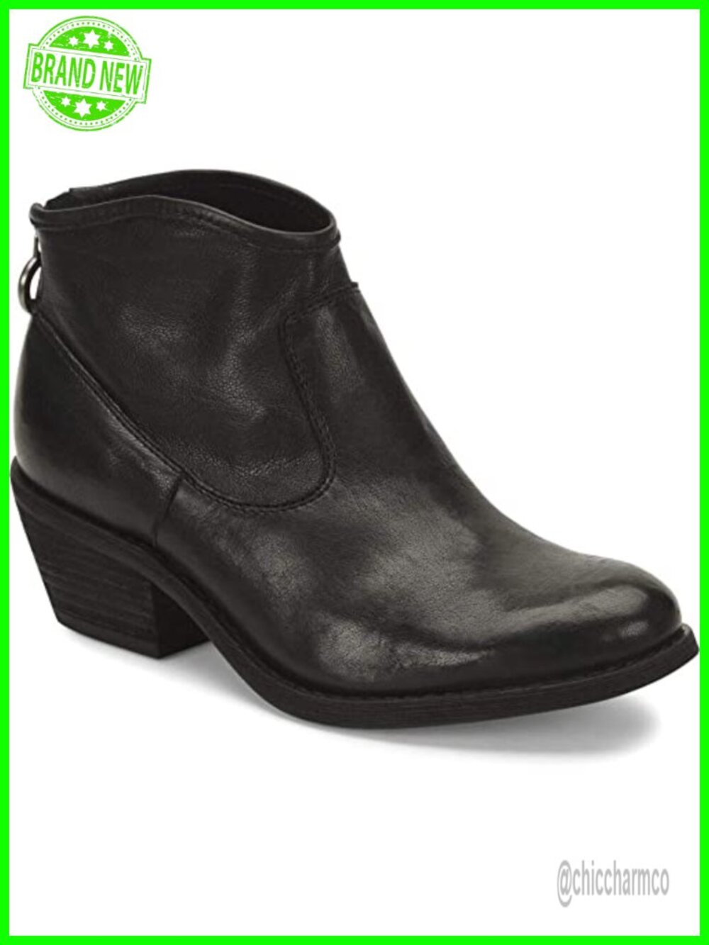 Leather Ankle Bootie with Block Heel and Back Zip